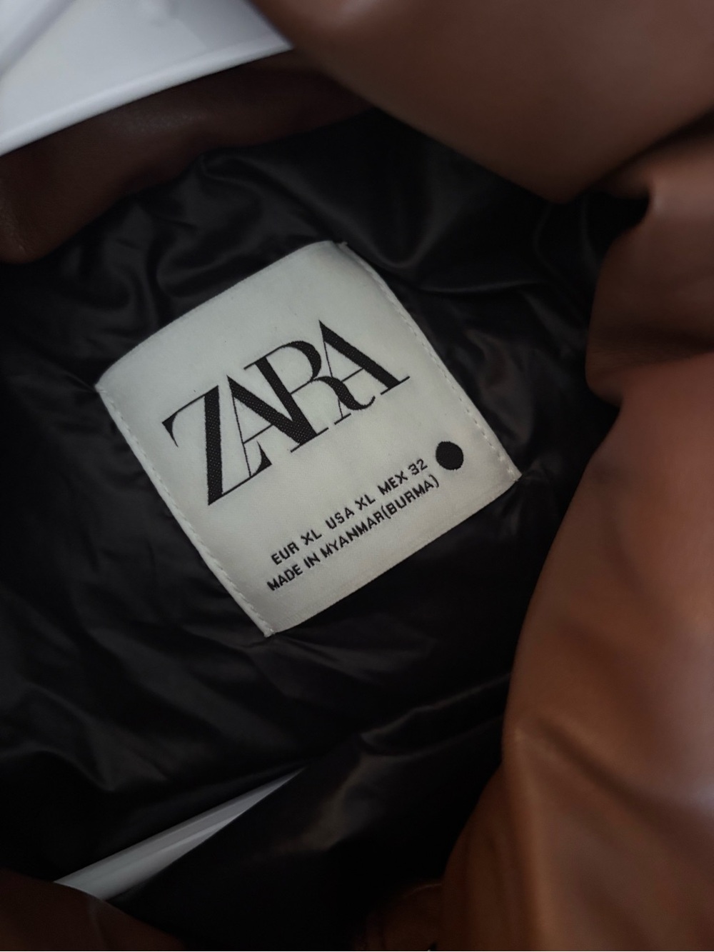 NWOT Zara Chestnut Brown Faux-Leather Puffer Jacket - Picture 5 of 5